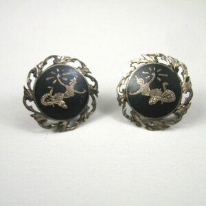 Vintage Sterling Silver Siam Niello Screwback Earrings 1950s